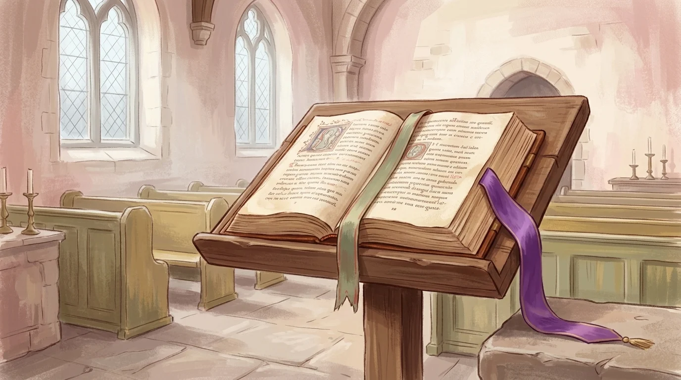 Surpasseth all understanding — an open missal on a lectern in a cold empty church with the ribbon lying where it lay four days earlier, thin Thursday morning light