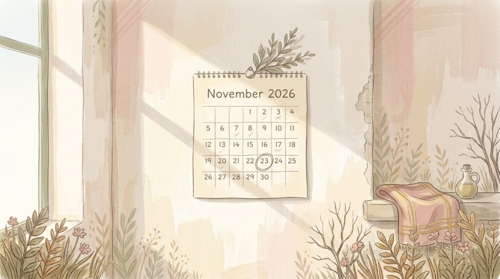A plain wall calendar on whitewashed plaster with one late-November date faintly circled in pencil, illustrating the commemoration of Saint Saturninus and the keeping of a date year after year