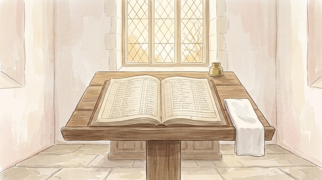 A long handwritten register open on a lectern in flat morning daylight with one unmarked line left at the foot of the page, an image of a list of arrivals that ends in the beginning of our salvation