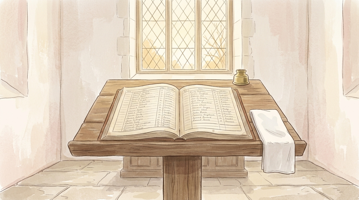 A long handwritten register open on a lectern in flat morning daylight with one unmarked line left at the foot of the page, an image of a list of arrivals that ends in the beginning of our salvation