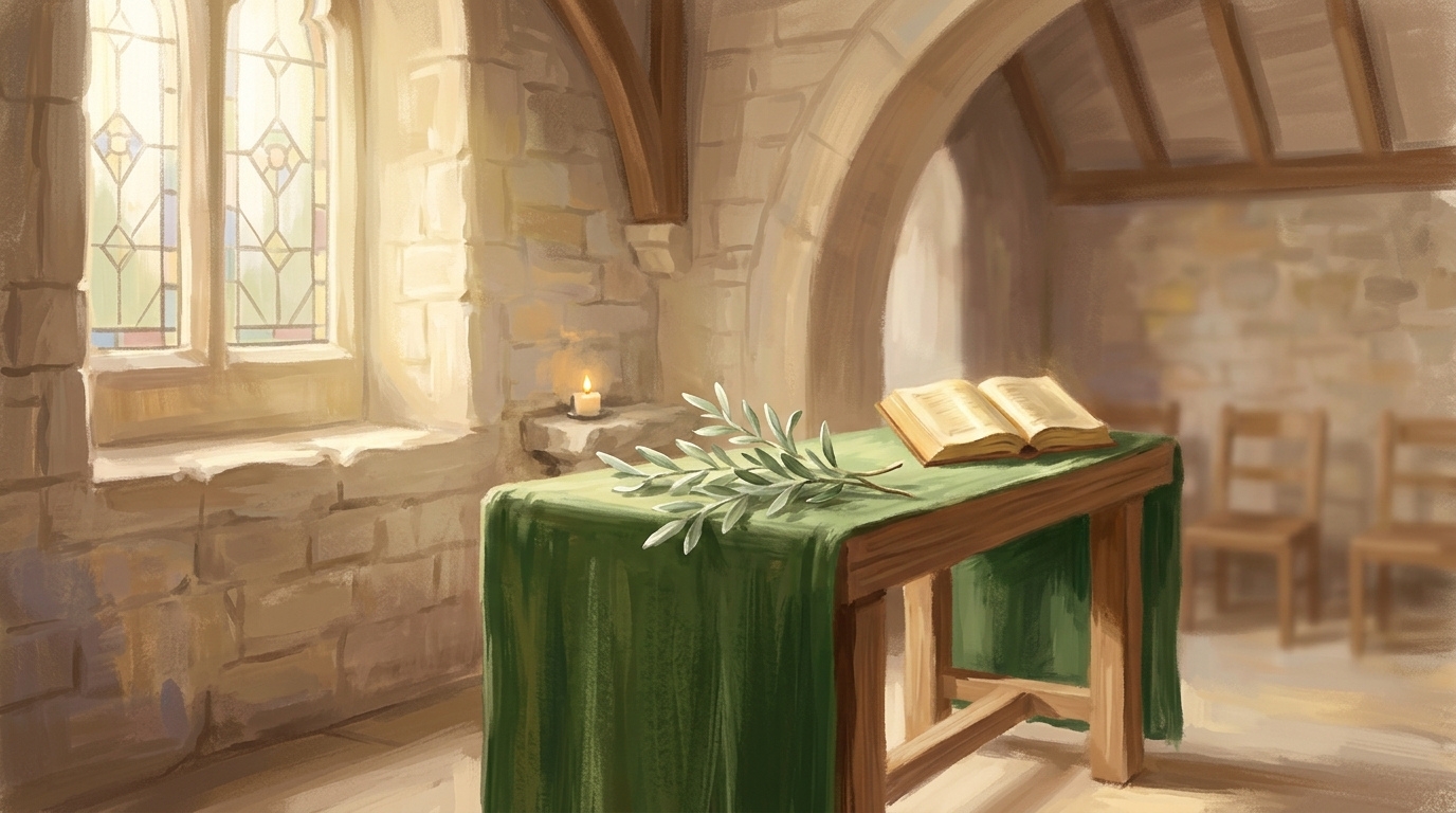 Soft warm painterly illustration representing the bond of peace with golden morning sunlight streaming into a serene sanctuary