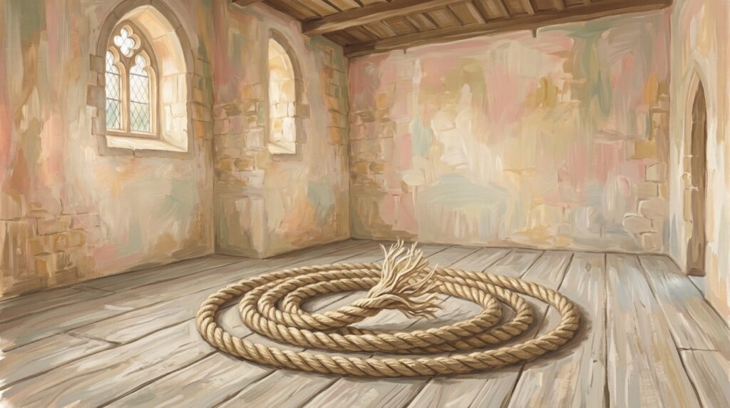 An old three-stranded rope coiled on pale boards in morning light with one end frayed open, an image of what the bond of peace is actually made of