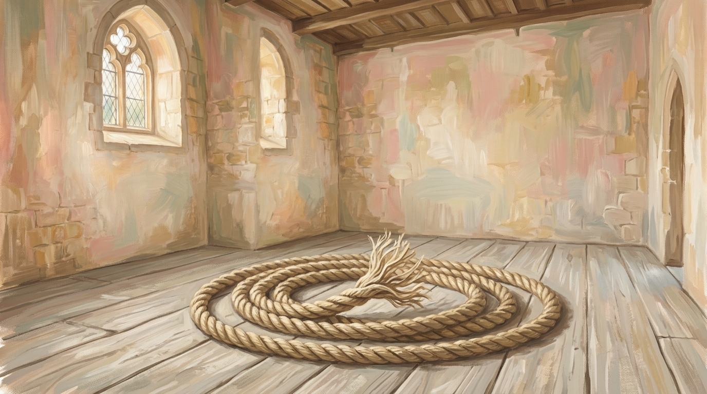 An old three-stranded rope coiled on pale boards in morning light with one end frayed open, an image of what the bond of peace is actually made of