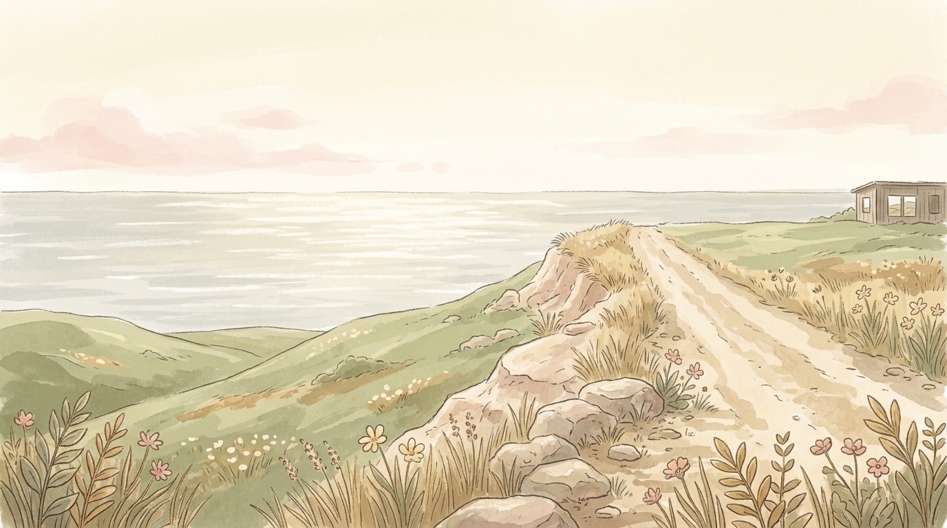 Painterly illustration of a green headland above a calm sea in bright morning light, a single track along the ridge