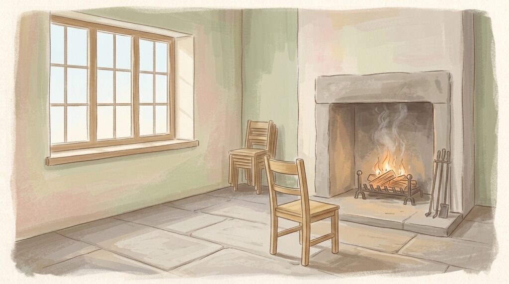 A fire just catching in a plain stone hearth in a cold bare room at first light — a prayer that the fire of Thy love be lit in a world gone cold, by a hand that is not ours
