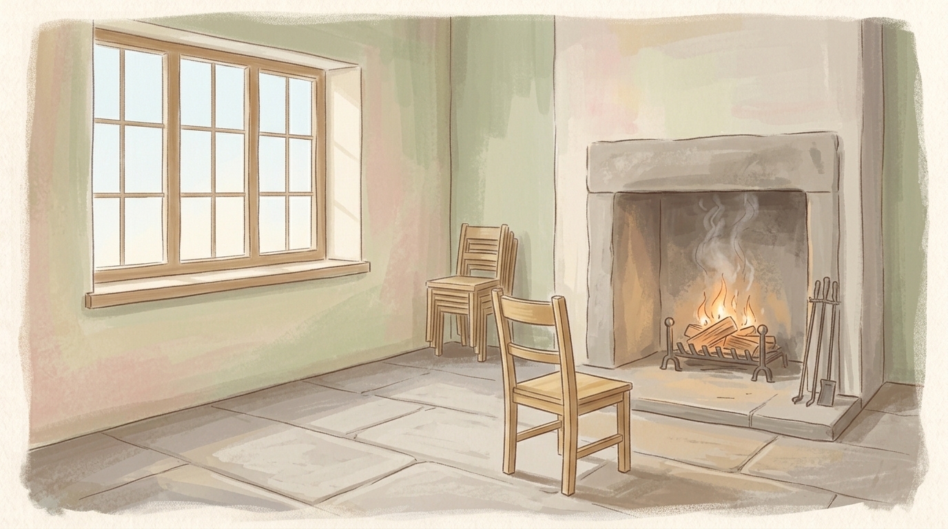 A fire just catching in a plain stone hearth in a cold bare room at first light — a prayer that the fire of Thy love be lit in a world gone cold, by a hand that is not ours