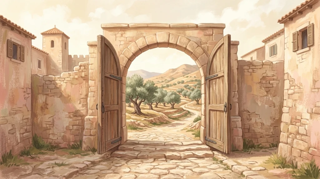 An open stone town gate at midmorning, illustrating the glory of Jerusalem in the Immaculate Conception Gradual