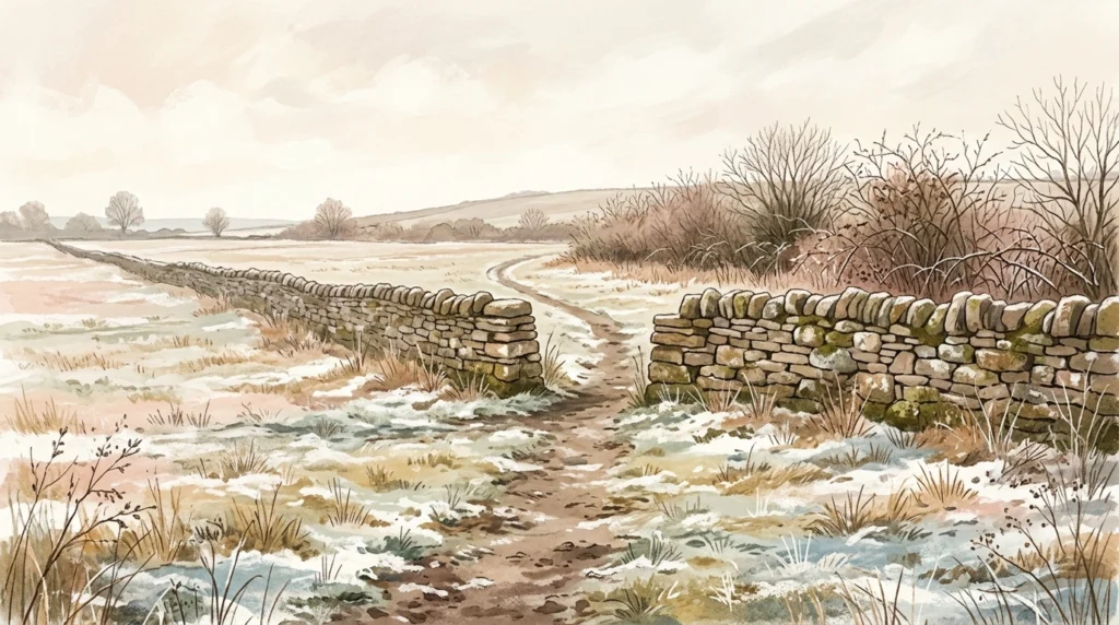 A drystone wall in a winter field with a gap left open and a path worn through it, illustrating the Daily Offering of December 16, 2025.