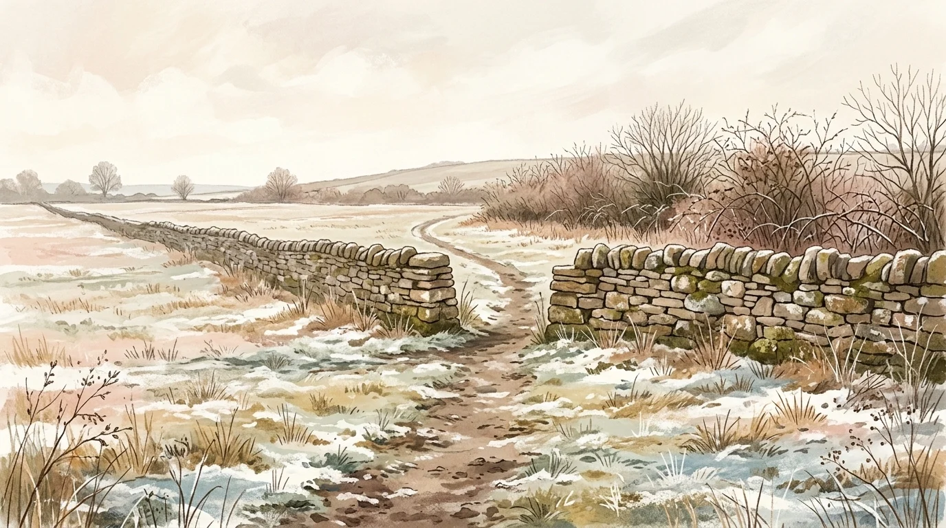 A drystone wall in a winter field with a gap left open and a path worn through it, illustrating the Daily Offering of December 16, 2025.