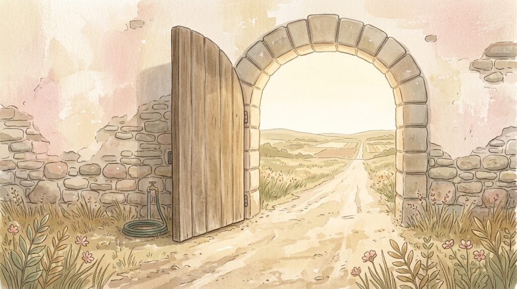 A town gateway standing wide open onto a road running out into open country in afternoon light, the gate swung back against the wall, an image of the household of the faith with nothing shut in it