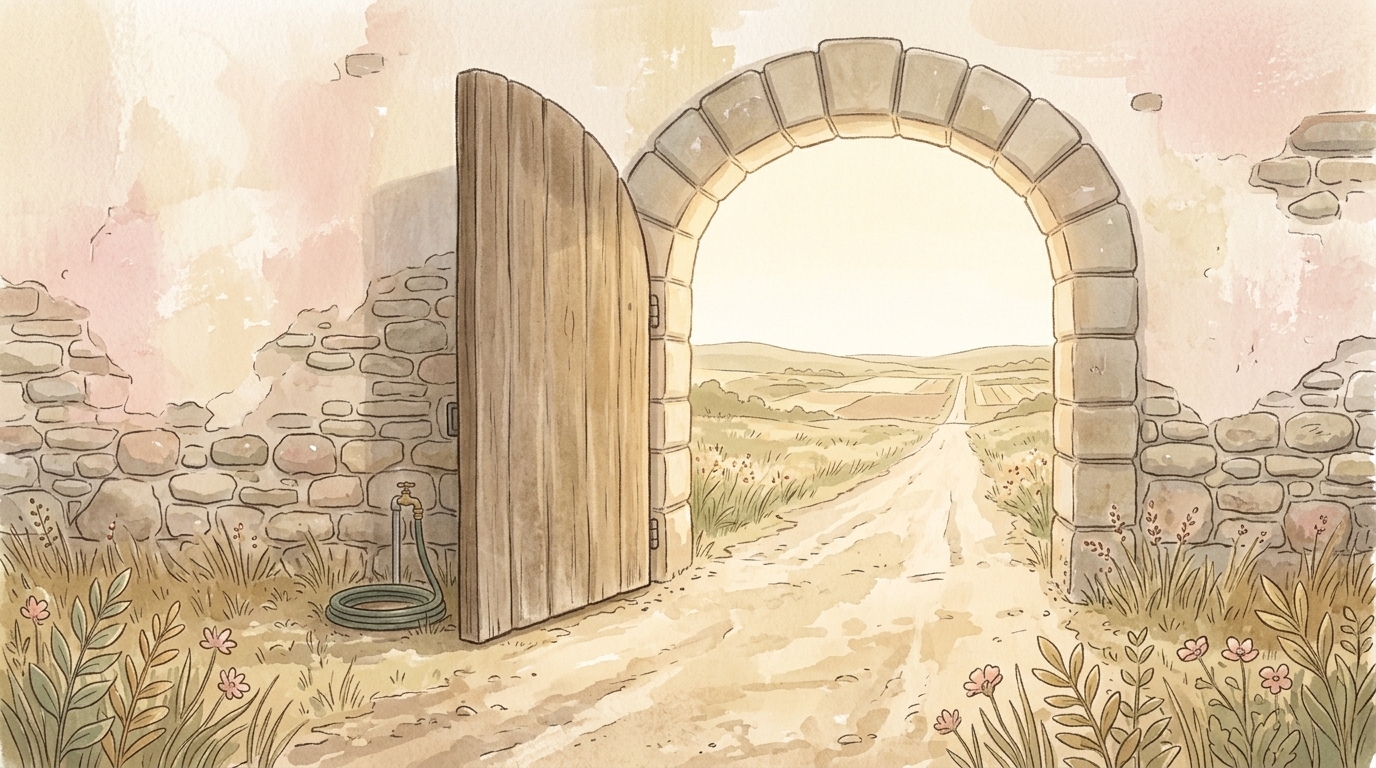 A town gateway standing wide open onto a road running out into open country in afternoon light, the gate swung back against the wall, an image of the household of the faith with nothing shut in it