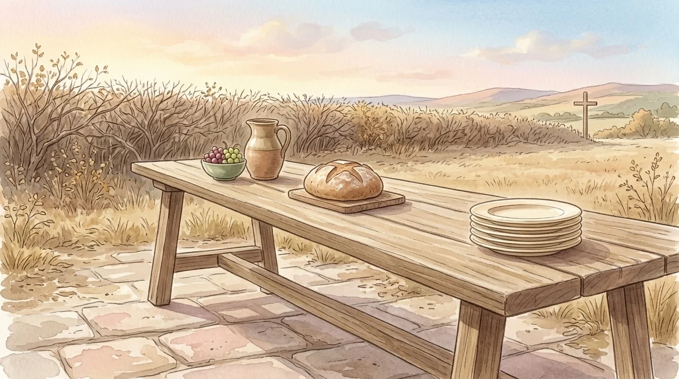 A long trestle table laid with bread and grapes and a stack of empty plates waiting at the far end, on a day whose reading says the joy of the Lord is our strength