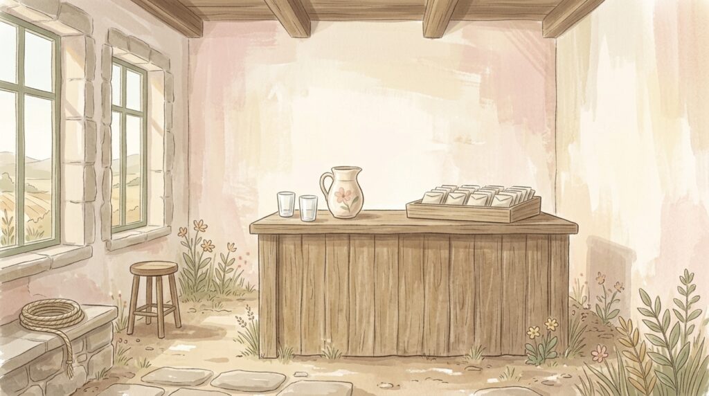 A plain wooden counter with a tray of folded paper sachets, a jug and two glasses set out in flat morning light, medicine put ready for whoever comes, which is the shape of the remedy of eternal salvation