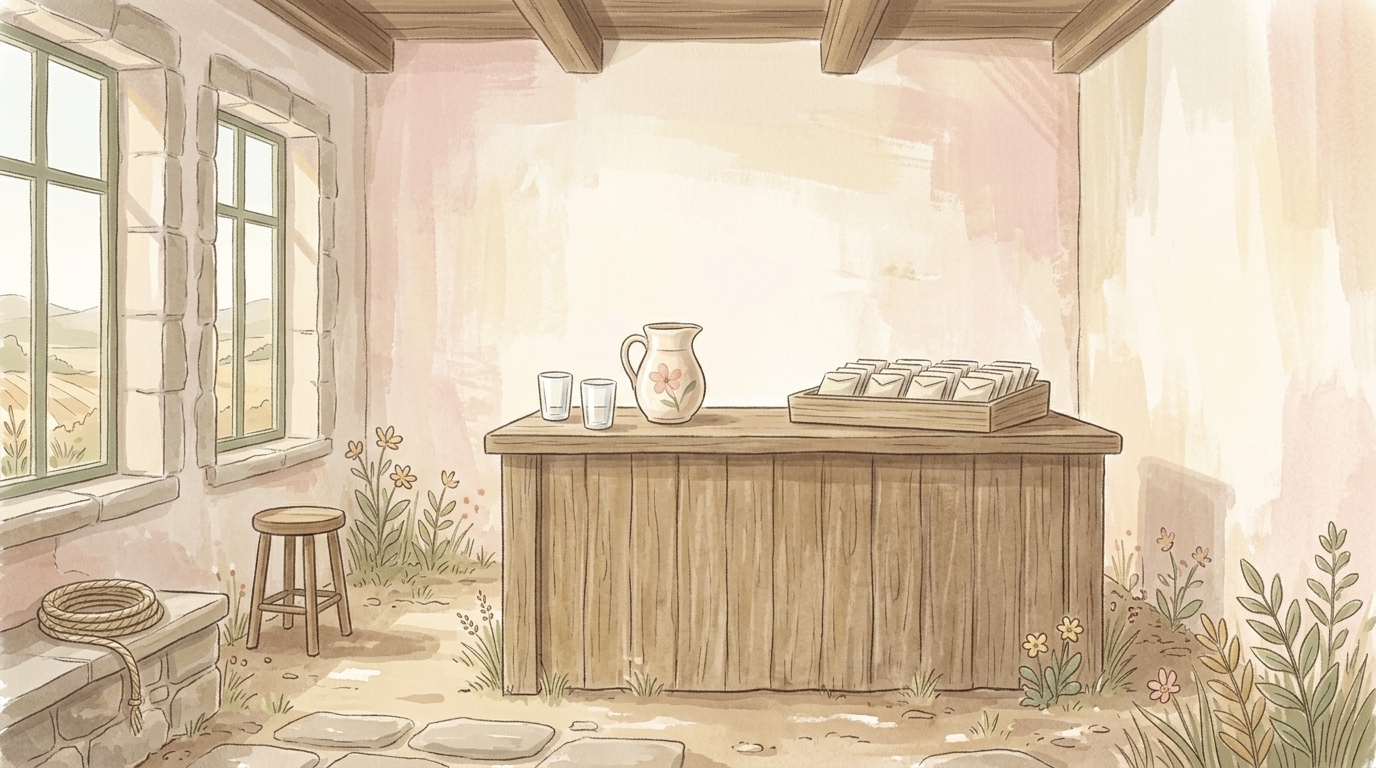 A plain wooden counter with a tray of folded paper sachets, a jug and two glasses set out in flat morning light, medicine put ready for whoever comes, which is the shape of the remedy of eternal salvation