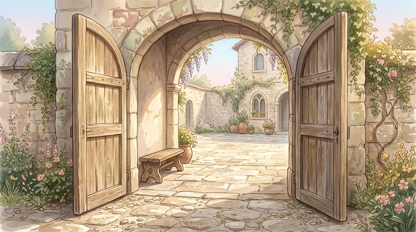 A wide stone gateway standing open onto a sunlit courtyard with nothing barring the way, an image of the riches of Thy mercy asked for on everyone who asks
