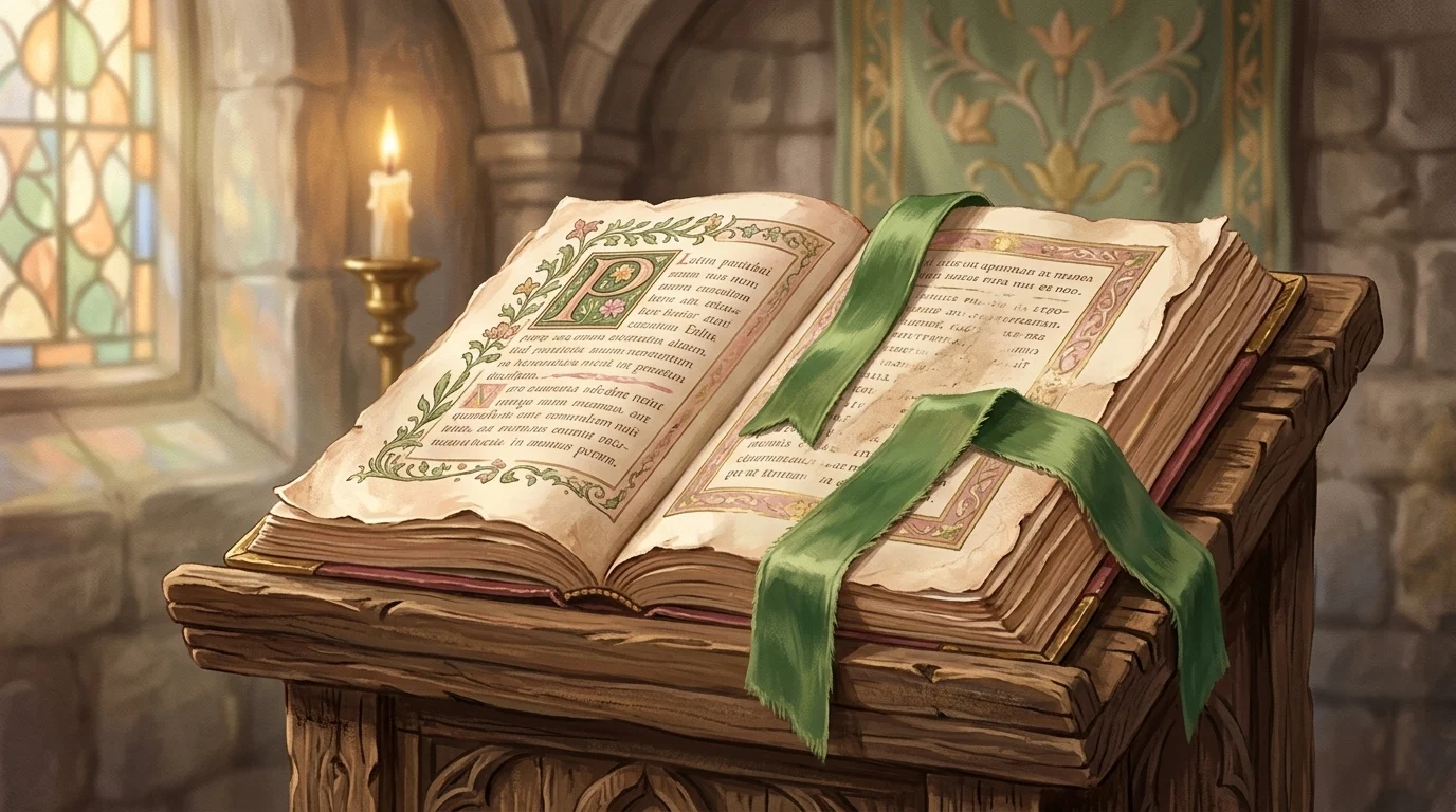 A green ribbon marking the same missal page a second time, where the Collect asks for the working of thy mercy