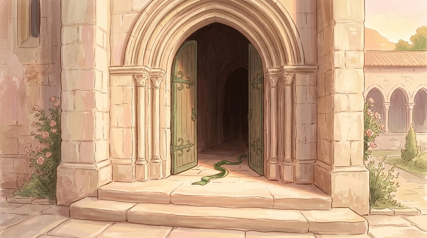 An open stone church doorway with light on the threshold—the working of thy mercy reaching the step before anyone crosses it