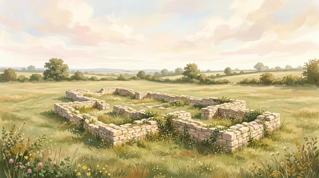 The stone foundation outline of a vanished church in an open field in morning light — a feast that outlasted its own basilica, kept for their angels in heaven