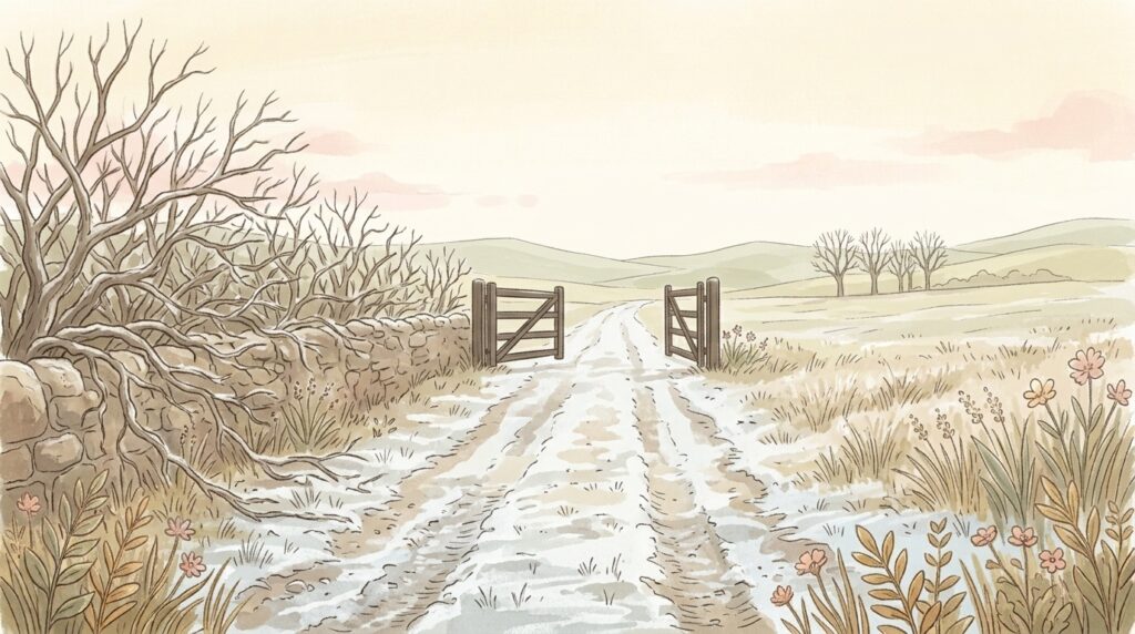 Thou hast saved us — a plain wooden field gate standing wide open at the end of a frosted track under flat late-November daylight