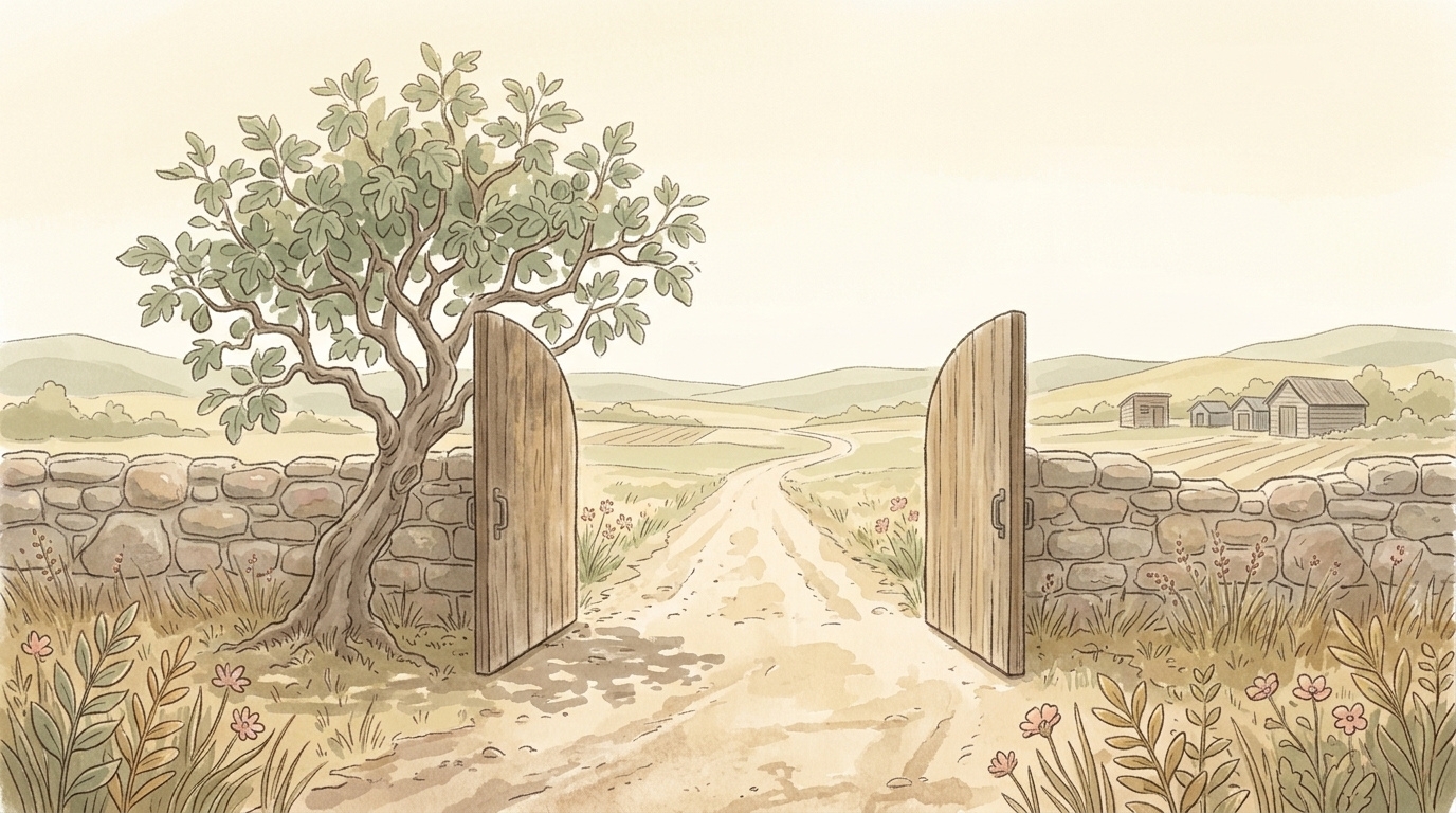 Thoughts of peace — a dusty road running out through an open town gate at midday between low stone walls