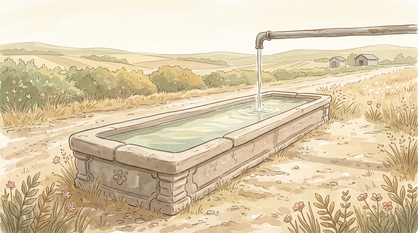 A stone trough brimming beside a farm track in mid-morning light with a thin unbroken thread of water running into it, an image of thy abiding mercy, which is full because it was never turned off