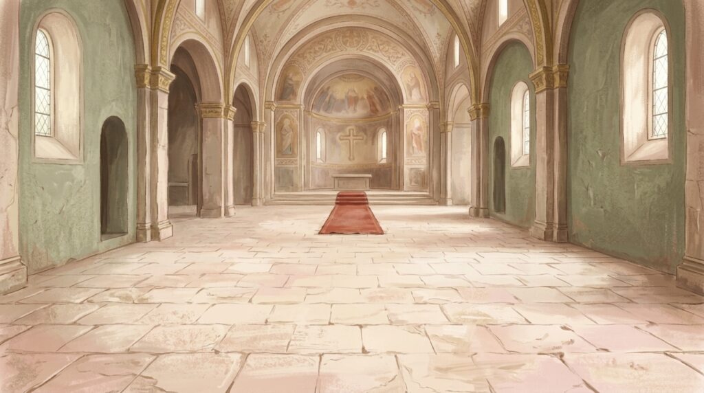 A wide empty stone floor inside an old basilica at midday, a red cloth on the far step