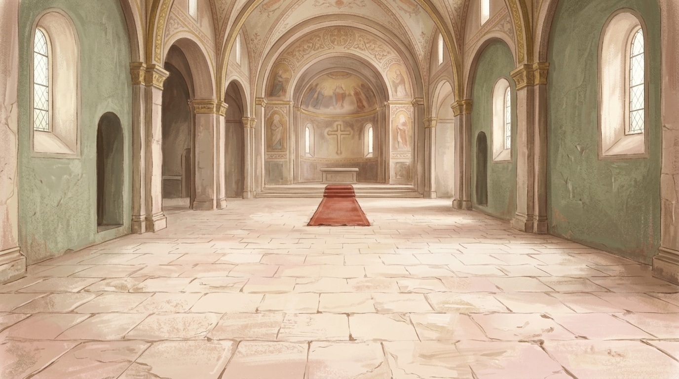 A wide empty stone floor inside an old basilica at midday, a red cloth on the far step