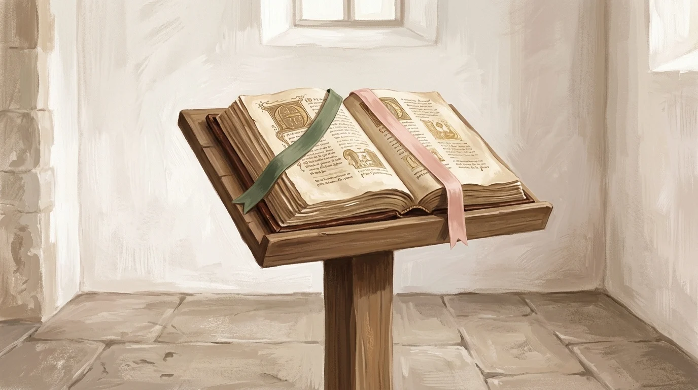 An open book on a bare wooden lectern with two ribbon markers laid across two separate pages.