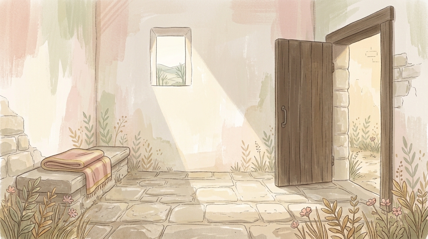 A bare whitewashed cell with a high narrow window and a plain wooden door standing open onto a lit passage