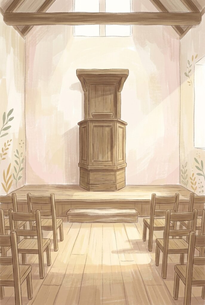 We might have been burdensome — an empty raised pulpit above rows of low chairs in a bare whitewashed hall in morning light