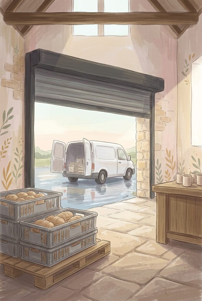 We might have been burdensome — stacked bread crates on a pallet at a supermarket loading bay before seven in the morning, a van waiting with its doors open