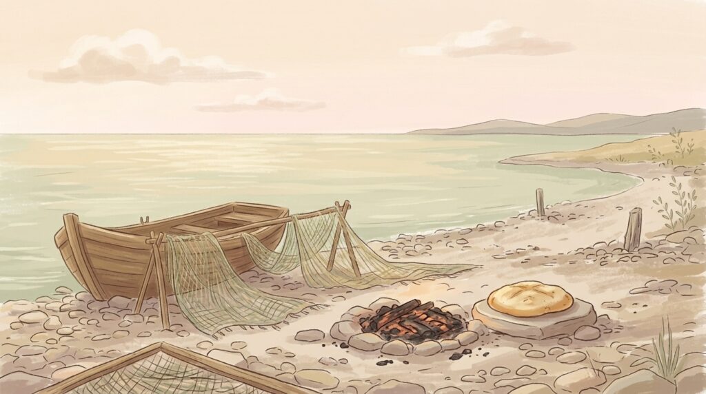 We might have been burdensome — a lake shore at dawn with a beached boat, drying nets, and a charcoal fire burned to embers beside a loaf