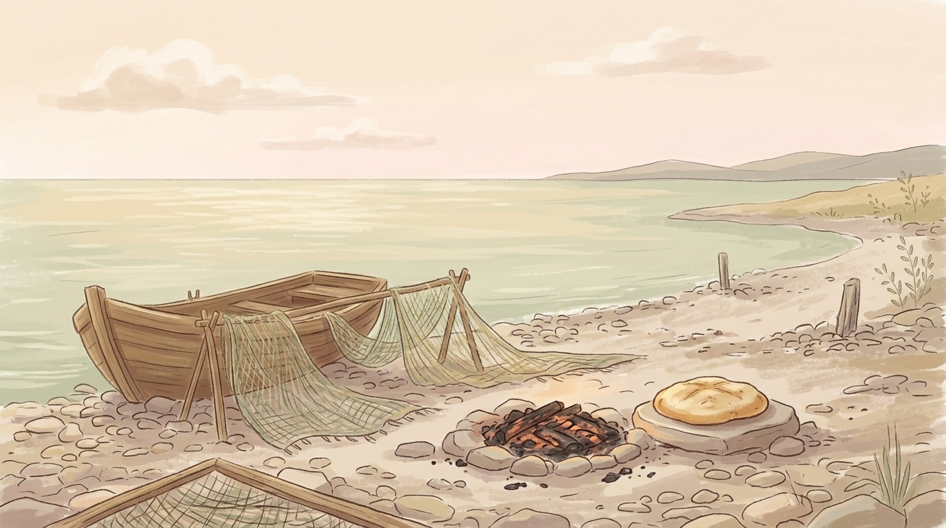 We might have been burdensome — a lake shore at dawn with a beached boat, drying nets, and a charcoal fire burned to embers beside a loaf