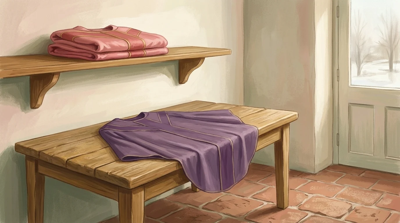 What sayest thou of thyself — a folded rose chasuble on a vestry shelf with a violet one laid out on the table below it in cold Monday daylight on quarry tiles