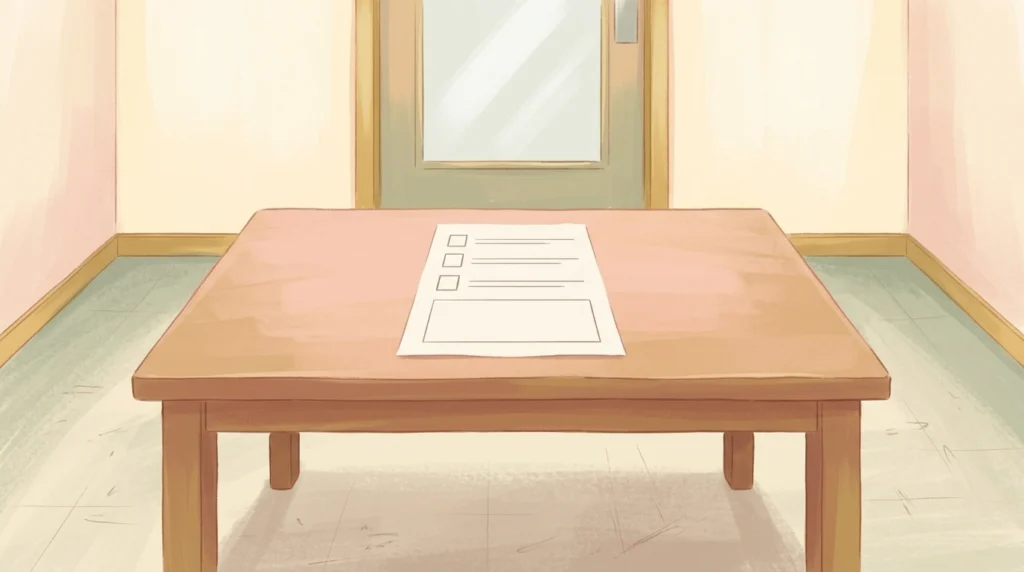 What sayest thou of thyself — a printed sheet on a plain table in a bare waiting room, three empty tick boxes ruled down one side and a wide blank space below them, in flat winter daylight