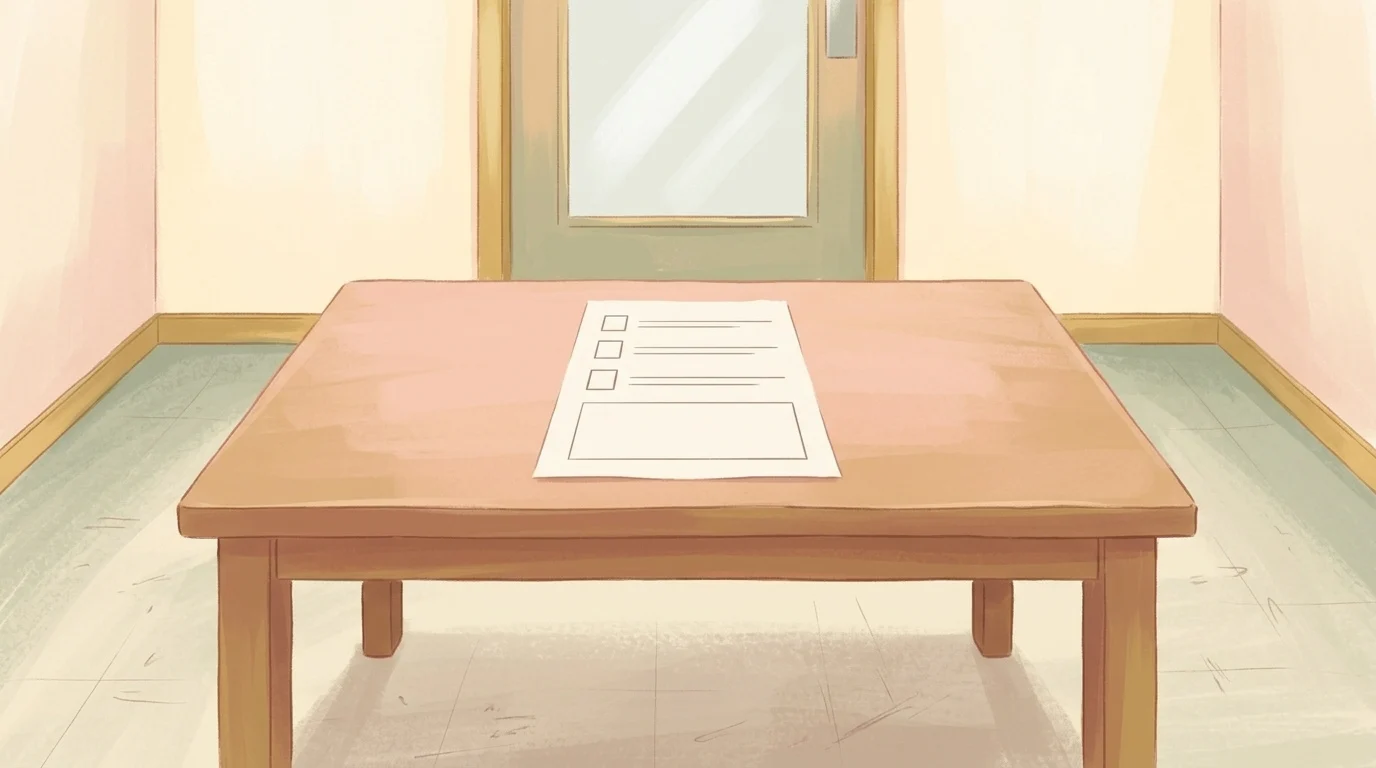 What sayest thou of thyself — a printed sheet on a plain table in a bare waiting room, three empty tick boxes ruled down one side and a wide blank space below them, in flat winter daylight
