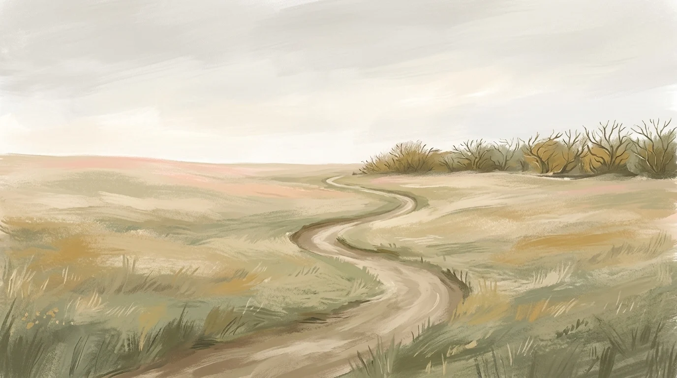 Written for our learning — a footpath worn bare across a winter field under flat overcast light, a low hedge closing the far end