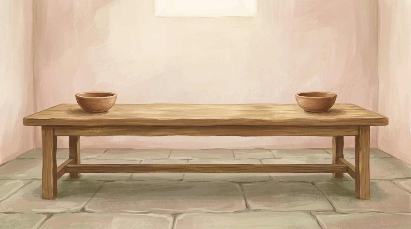 Written for our learning — two identical earthenware bowls at either end of a long plain table in a bare stone-floored room in flat winter daylight