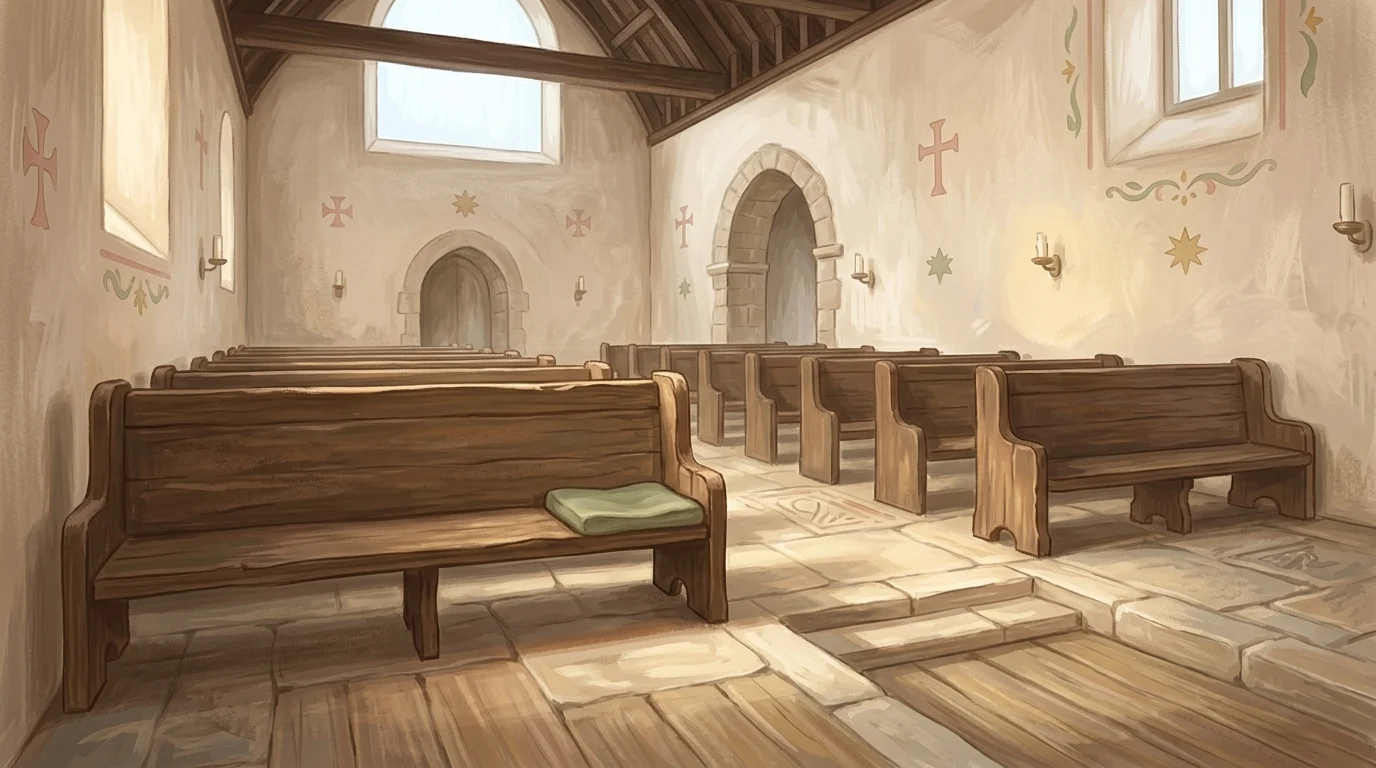 An empty seat in the back row of a chapel, where the prayer to rejoice in their fellowship begins