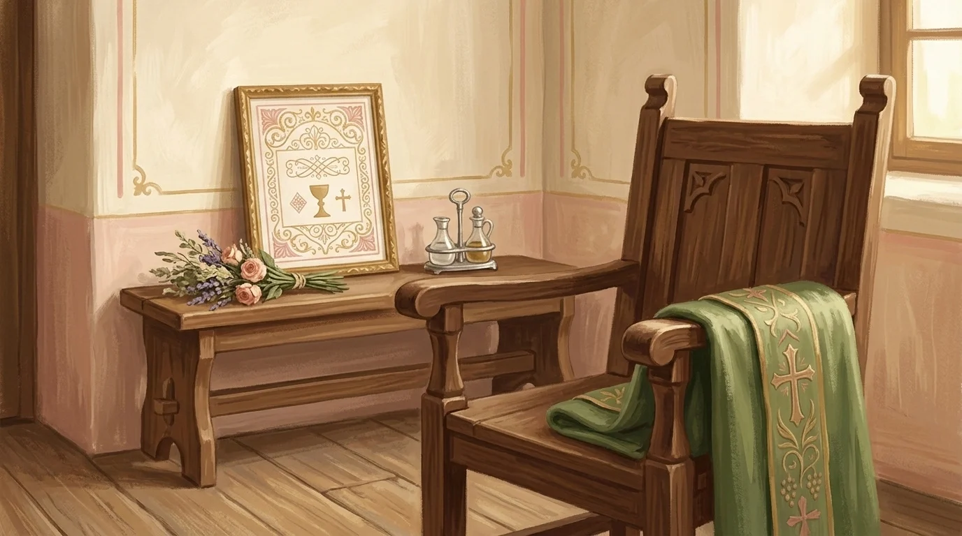 A green chasuble folded over a wooden sacristy chair with a small altar card propped behind it, vesting for a ferial Mass whose first words are done in true judgment