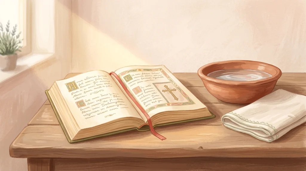An open missal on a plain wooden table beside a clay bowl of water and a folded linen cloth in early light, the Mass that begins by saying all has been done in true judgment
