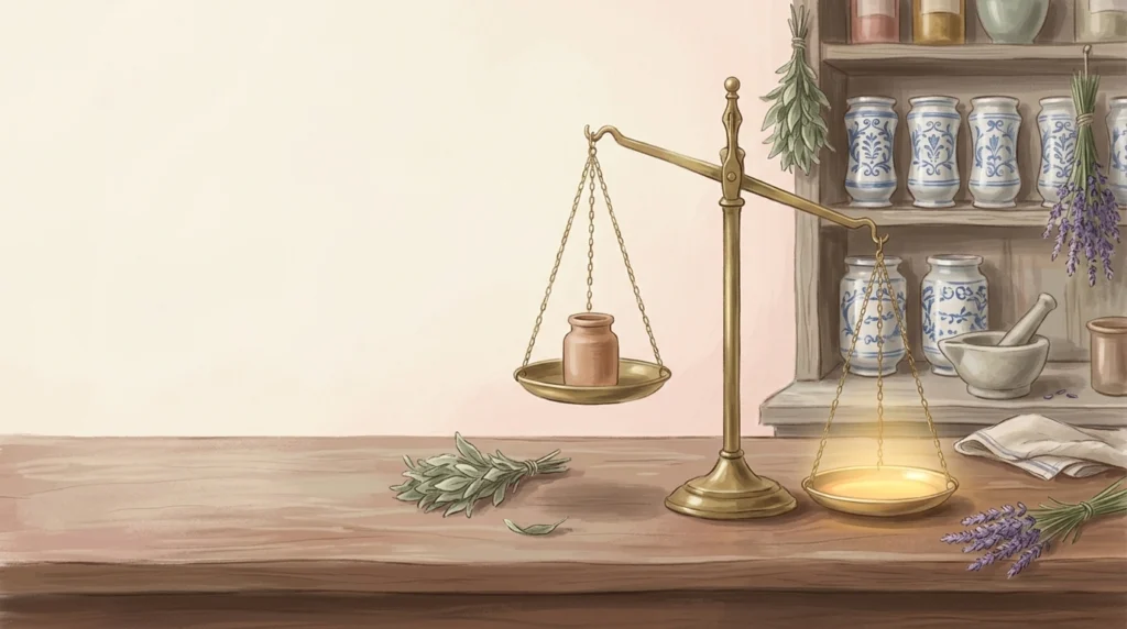A brass apothecary's balance with a small clay jar in one pan and the other pan weighed down by golden light, an image of the eternal weight of glory