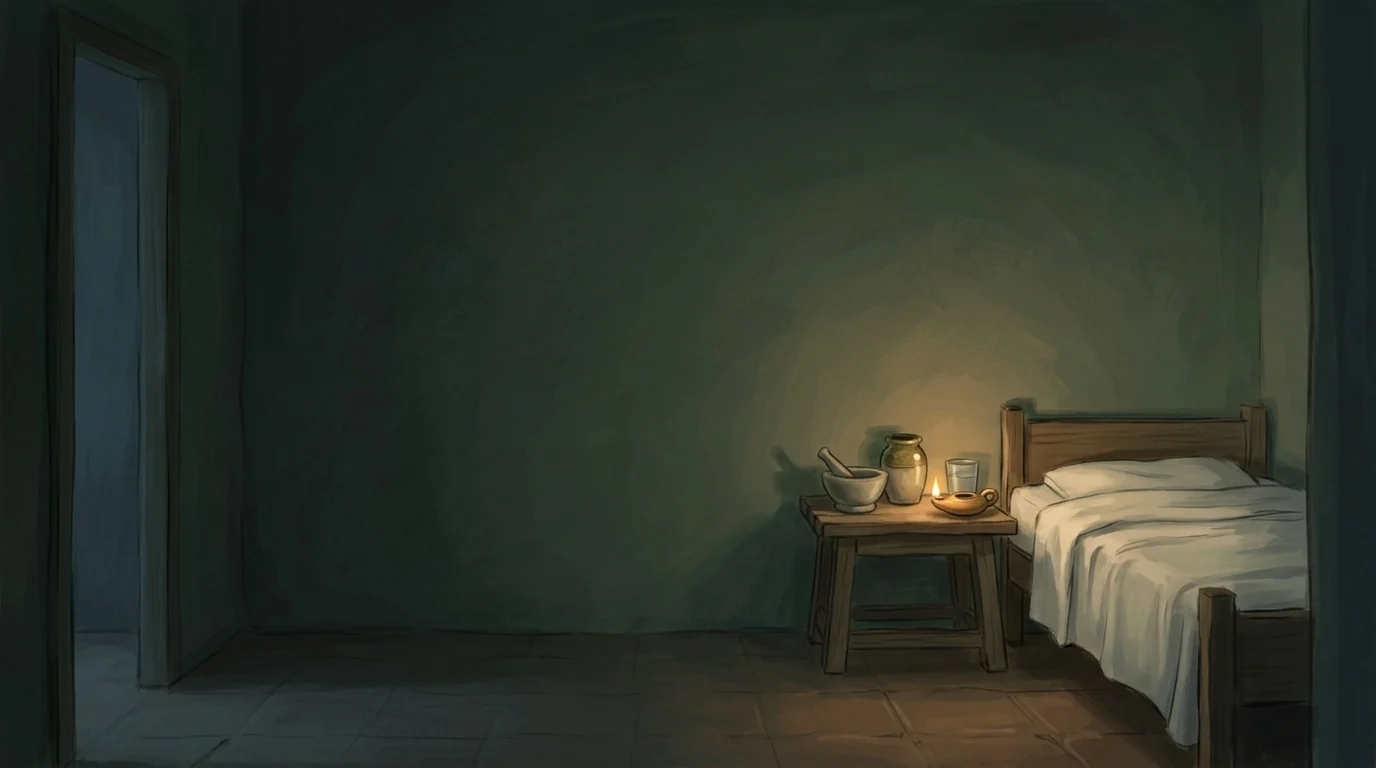 A quiet sixteenth-century sickroom at dusk with a made bed, a mortar and pestle and one small lamp, for a homily on the eternal weight of glory