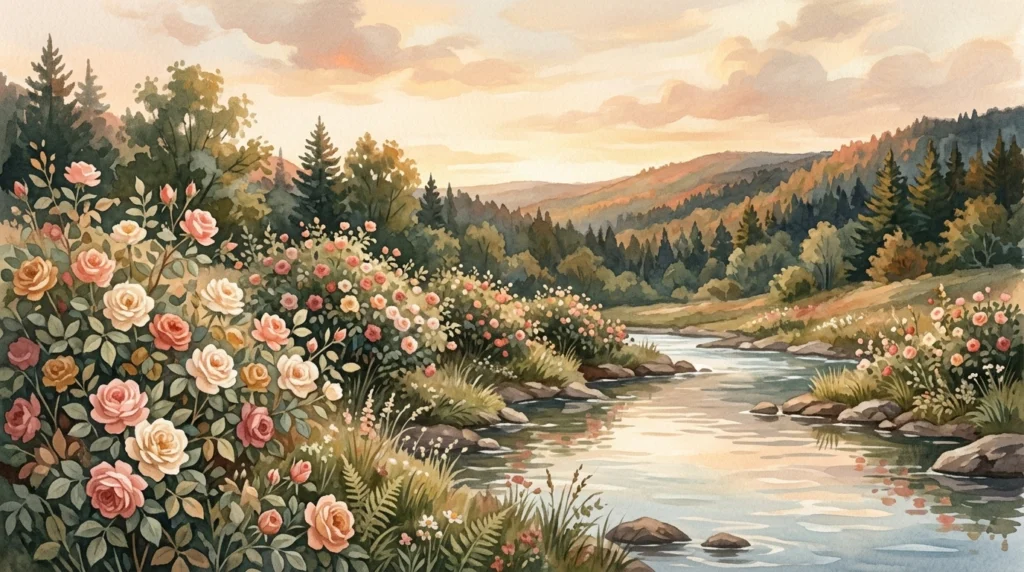 Roses blooming beside a running stream for the feast of St. Theresa of the Infant Jesus, whose Collect asks for humility and simplicity of heart