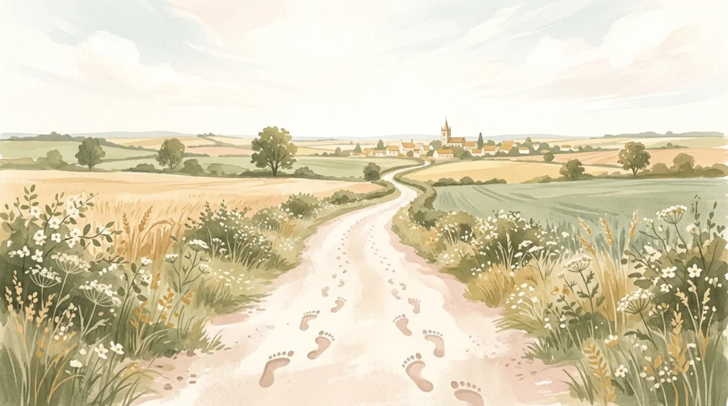 Two sets of footprints side by side along a dusty country road toward a distant town at midday — an angel sent to keep thee in thy journey