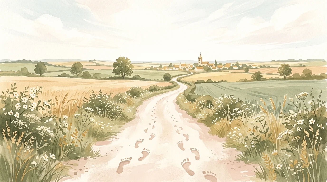 Two sets of footprints side by side along a dusty country road toward a distant town at midday — an angel sent to keep thee in thy journey