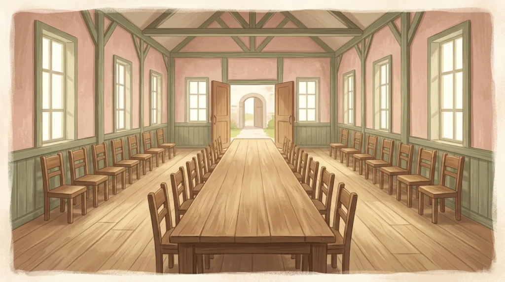 A long table in a plain hall at midday with every chair turned outward toward open doors, the hall of the marriage feast filled from the highways, where the only prayer asked of anyone is that my ways may be directed