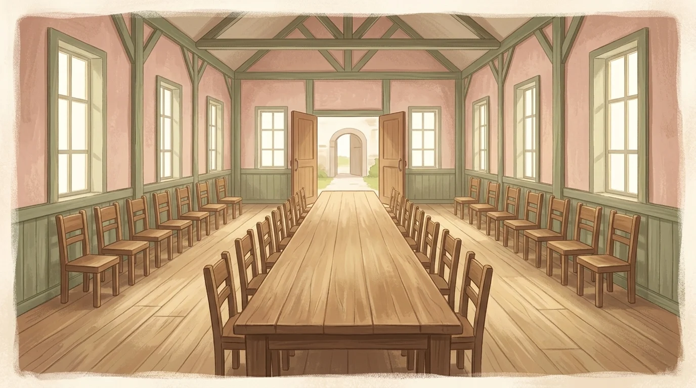 A long table in a plain hall at midday with every chair turned outward toward open doors, the hall of the marriage feast filled from the highways, where the only prayer asked of anyone is that my ways may be directed