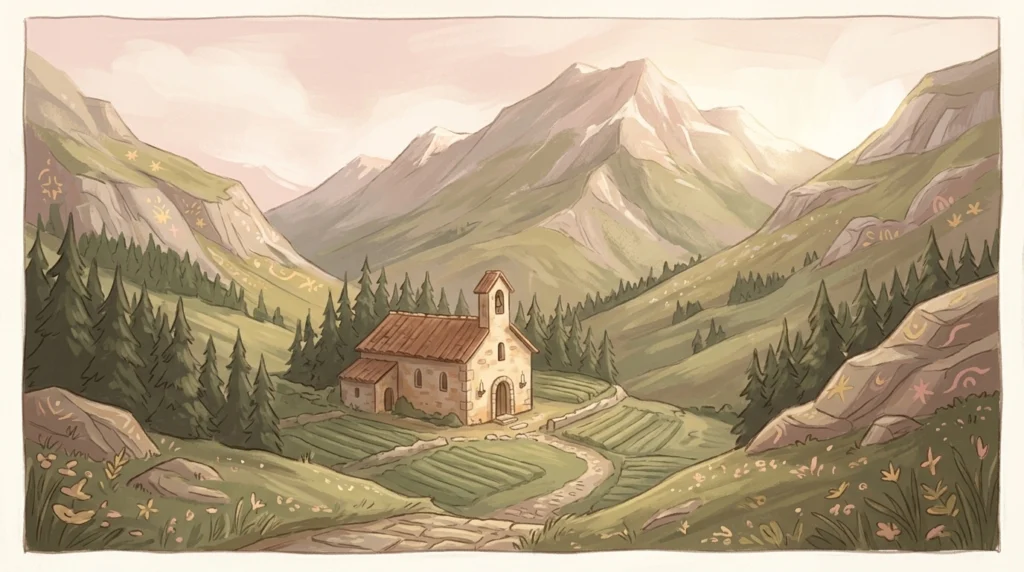 A small stone monastery in an alpine valley at morning, for the feast of St. Bruno, whose Collect asks that we obtain forgiveness for our offenses