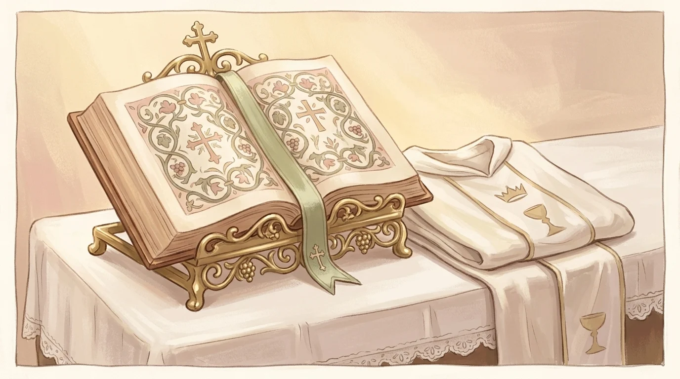 An open missal on a white altar cloth at the Collect in which we obtain forgiveness for our offenses